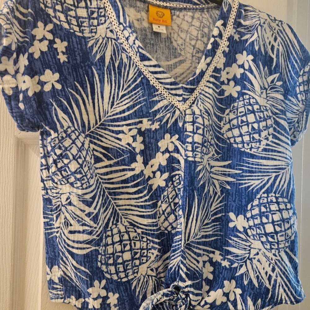 Ruby Boho Vacay tropical 100% cotton Vacay Cruise blue white shirt tie front M - Picture 7 of 7
